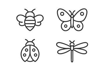 Minimalist outline icons of flying insects including bee, butterfly, ladybug, and dragonfly