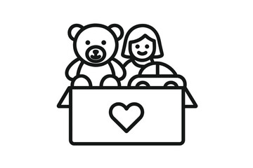 Outline icon of a charity donation box filled with various toys, including a teddy bear and a smiling child figure