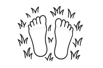 Simple black line art showing two bare feet standing on a patch of grass