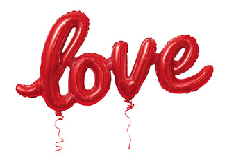 Red script word love shaped foil balloons with ribbons isolated on a transparent background image