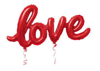 Red script word love shaped foil balloons with ribbons isolated on a transparent background image