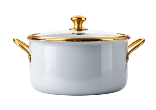 White enamel cooking pot with shiny gold handles and lid accent isolated on a transparent background
