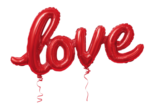 Red script word love shaped foil balloons with ribbons isolated on a transparent background image