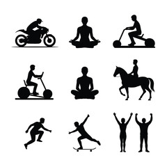 Diverse activity silhouettes yoga motorcycle scooter horseback riding skateboarding and more