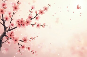 Fototapeta premium Delicate pink sakura cherry blossoms bloom on tree branches against soft, pale yellow, pink background. Small bird flies among falling petals suggesting spring gentle greeting. Blank space for text.
