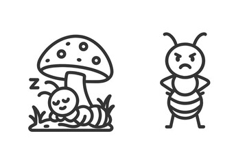 Sleeping caterpillar resting under a mushroom next to an angry insect character