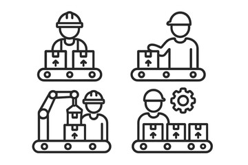 Factory workers and automated systems handling packages on a conveyor belt assembly line