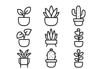 Outline icons of potted plants, indoor greenery, succulents, and cacti