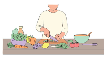 A person prepares a healthy meal, chopping vegetables on a wooden cutting board with fresh produce, creating a vibrant and nutritious culinary experience at home.