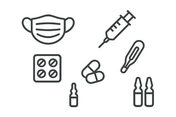 Outline medical supplies, protective gear, vaccination tools, and pharmaceutical drugs set