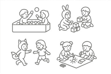 Fototapeta premium Simple line icons depicting children playing games, drawing, running, and building blocks