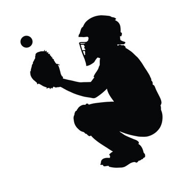 Baseball catcher silhouette icon set. Baseball catcher silhouette ready to catch ball in mitt during game
