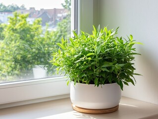 Fototapeta premium Lush green houseplant in a white pot on a sunlit windowsill with a blurred view of trees and buildings outside