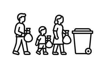 Family walking together carrying garbage bags to a trash can for disposal and recycling