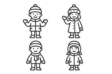 Happy children wearing winter coats, hats, and scarves in minimalist black and white style