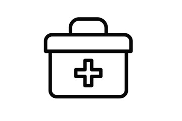 Simple outline drawing of a closed medical first aid box featuring a prominent cross symbol