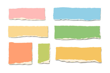 Collection of colorful ripped paper pieces with rough edges isolated on a white background