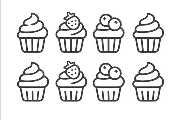 Minimalist line art of sweet cupcakes with whipped cream, strawberry, and blueberry toppings