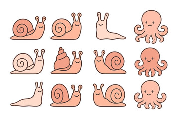 Set of cute cartoon smiling snails, slugs, and octopuses in various poses