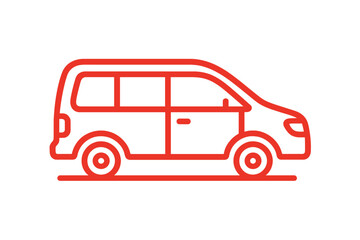Minimalist red outline of a modern passenger minivan utility vehicle side view