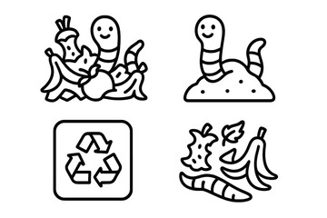Set of black and white line icons representing composting, organic waste management, recycling, and earthworms