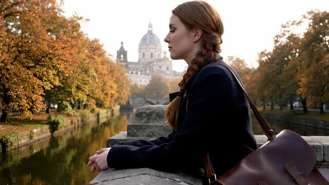 Woman leans on railing near canal. Autumn trees frame park. Travel bag rests on shoulder. Woman gazes toward cathedral and city. Bridge and river reflect soft light. Portrait captures calmer mood.