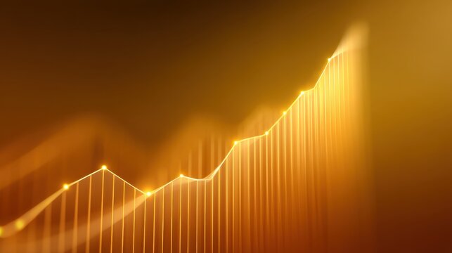 Abstract financial background with glowing line graph showcasing upward trend and dynamic motion, illuminated in warm golden tones and soft light effects - Powered by Adobe