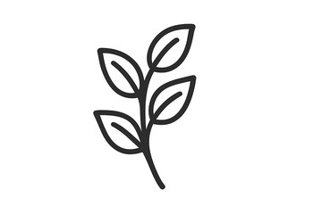 Simple black line art drawing of a small leafy branch or sprig on a clean white background