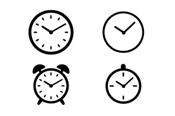 Set of simple analog clock and alarm clock symbols for timing and scheduling