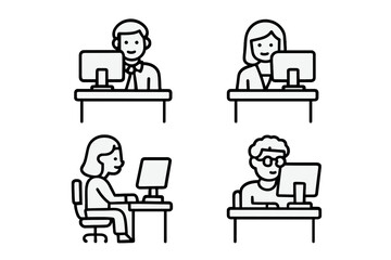Diverse group of workers using desktop computers at their desks outline style