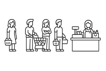 Customers waiting in line at supermarket checkout counter with shopping carts and baskets