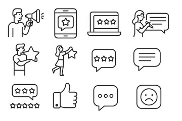 Customer feedback and online review concepts featuring star ratings and user satisfaction