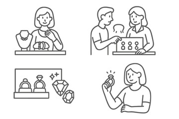 Customers shopping for luxury jewelry, rings, necklaces, and diamonds in a retail store