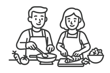 Happy couple cooking meal together in the kitchen preparing fresh healthy food