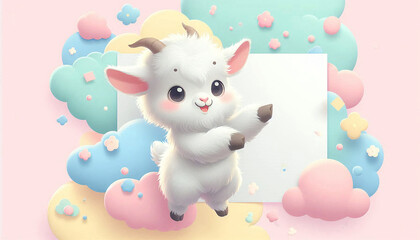 Obraz premium A little white goat jumps and plays among colorful pastel clouds. A white frame in the background adds a bright touch.