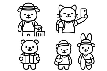 Cute cartoon animal characters traveling set including bears and a cat tourist taking a selfie and reading a map