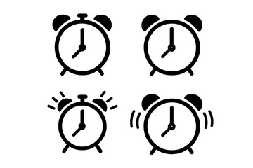 Collection of four different black alarm clock icons for time management and waking up