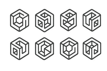 Obraz premium Eight abstract geometric cube symbols for technology and data security concepts