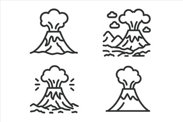 Volcanic activity symbols: eruption, mountain landscape, smoke, and geological hazard