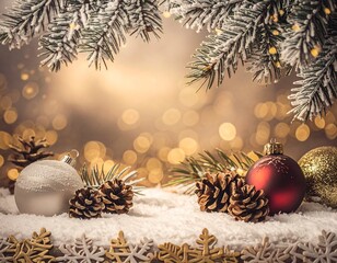 Elegant winter holiday background (AI-generated). Frosted pinecones and gold ornaments on snow create a festive border. Warm bokeh contrast and clean copy space for greetings and banners.