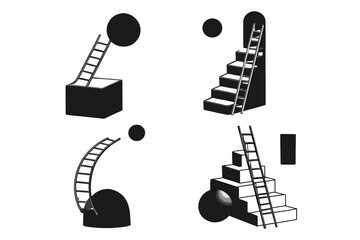 Abstract geometric compositions featuring ladders, stairs, and spheres representing progress and challenge