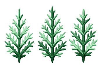Three decorative green foliage elements with textured brush strokes isolated on white