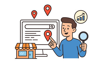 Man searching for local business location data online using a computer monitor