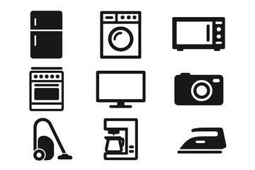 Black silhouette domestic household appliances and consumer electronics devices set