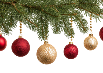 Christmas tree branch with red and gold baubles and gold bead garlands isolated on a transparent background