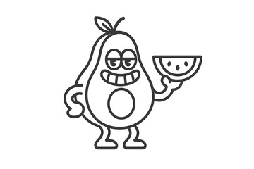Happy anthropomorphic avocado character holding a refreshing slice of watermelon