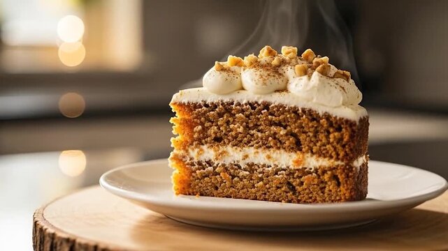 Steaming carrot cake slice with cream frosting and nuts on rustic wood
