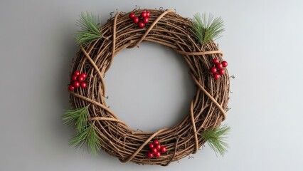 Craft a warm welcome with this rustic grapevine wreath adorned with vibrant red berries and fresh evergreen sprigs for holiday cheer