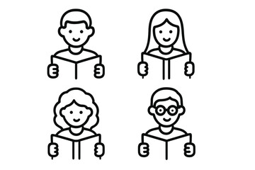 Diverse group of people reading books and smiling, education and literacy icons set