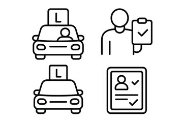 Driving school and license test symbols showing learner car, instructor, and completion documents